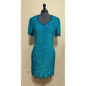 Laurence Kazar  Vintage Turquoise 100% Silk Beaded Dress